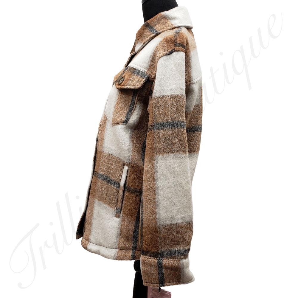AVEC LES FILLES Women's Plaid Shacket (Shirt Jacket) Cognac NEW Fall Winter Cozy - Picture 4 of 6